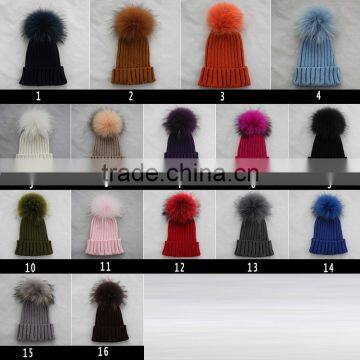 Myfur Baby Pink Removable Real Dyed Raccoon Fur Pom Poms Crochet Hat