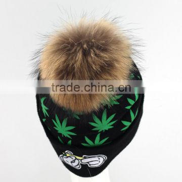 Myfur Adult Screen Green Leaf Printed Skull Hat With Real Fur Pom Pom