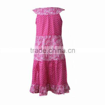 2017 Summer Girl Clothing 100% Cotton Printed Finshtail Dress in Fuschia Color photo-2