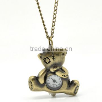 Newest Antique Bronze Chain Bear Quartz Pocket Watch Necklace