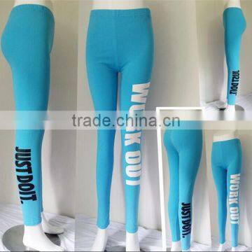 Women Letter Printed Blue Ninth Sport Pants Leggings Fitness Elastic Gym Running Trousers