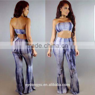 Khaki Gradient Bell Bottomed Pants and Top Set /22 Color Xayn Printed Wide Legging Flare Trousers and Top Two Piece Set photo-2