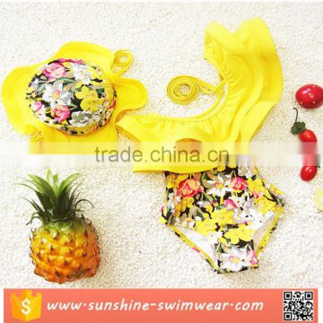 2017 Yellow Cute Ruffle One-piece Bikini Kids Girls Swimwear