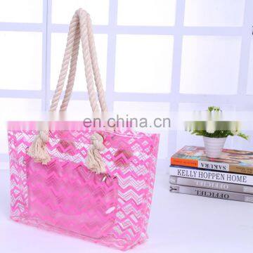 Pink Cotton Handle Weave Pattern Women Shoulder Tote Bag