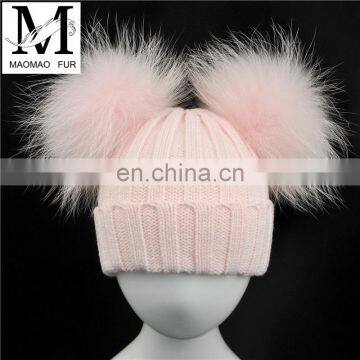 Brand Cute Baby Crochet Hats and Caps with Two Real Raccoon Fur Balls Top Color Matching Hat