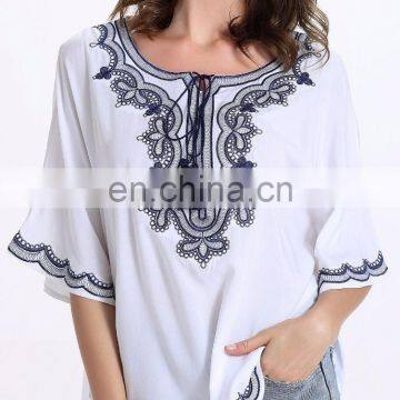 MIKA72071 Vintage Embroidery Ladies Blouse Ethnic Print Bat Sleeve Scoop Neck Blouse