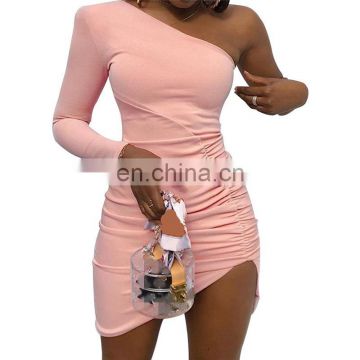 Women Ladies One Shoulder Long Sleeve Sexy Casual Club Party Slim Fit Slash Neck Skinny Pleated Pink Mini Dress