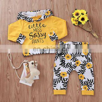 "LITTLE MISS SASSY PANTS" 2pcs/set Kids Baby Clothes Set BABY YELLOW FLORAL PRINT HOODIES & PANTS OUTFITS 100% COTTON