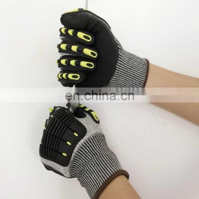 Grey HPPE cut and impact resistant mechanical industrial gloves with sabutyronitrile coating on the palm