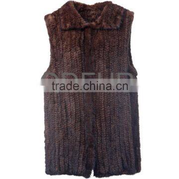 QD80557 Black Brown Knit Mink Fur Long Vest Gilet With Bigger Armhole