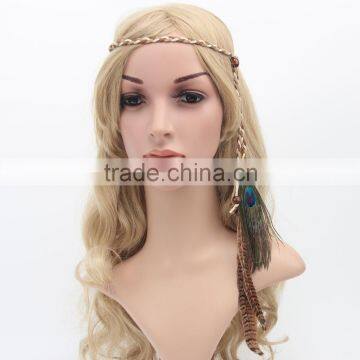 DSHB01 Tribal Hair Band Indian Peacock Feather Pendant Headband Golden Leaves Rope Knitted Belt Elastic Hairband photo-3
