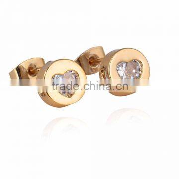 Fashion Jewelry YiWu Factory Stylish Gold Plated Heart Shaped Crystal Round Stud Earrings