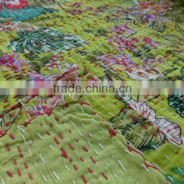 Printed Cotton Quilt, Handmade Queen Size Kantha Bedspread, Reversible Kantha Bedding, Beautiful Floral & Leaf Pattern