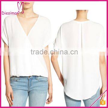 Surplice Neck Ladies Short Sleeve Chiffon Transparent White Blouse