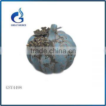 Promotional blue ceramic pumpkin with metal leaves for Halloween Decoration