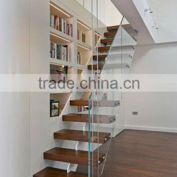 wood floating stairs with glass railing