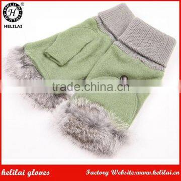 Ladies Rabbit Fur Trimmed Fingerless Woolen Mittens; Half-Finger Wool Gloves with Knitted Cuff