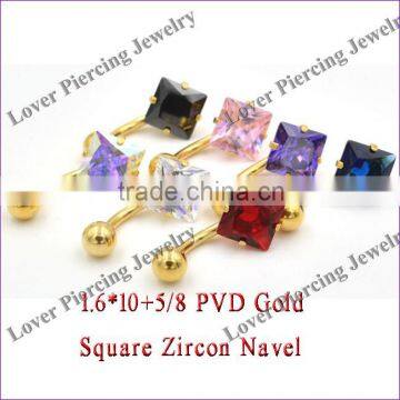 PVD Gold With Square Zircon Top Design Stainless Steel Navel Belly Ring [SS-E848]