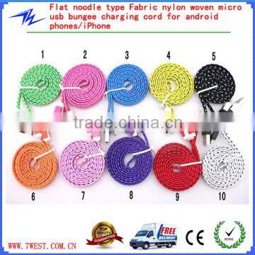 Flat Noodle Type Fabric Nylon Woven Micro USB Bungee Sync Charging Cord For Android Phones&iPhone 4/iPhone 5/iPhone 6