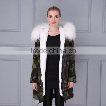 Janefur European Fashion Adults Fur Parka With Faux Fur Lining Real Raccoon Fur Hooded