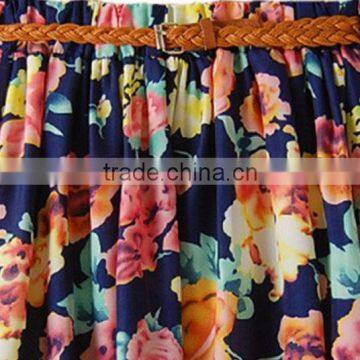 2015 cheap weave chiffon Girl leisure braid PU Belt floral Short dress