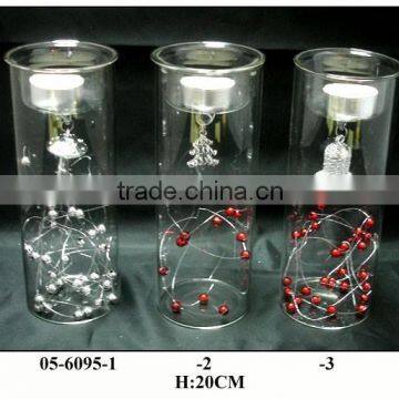 clear glass candle holder with christmas pendants
