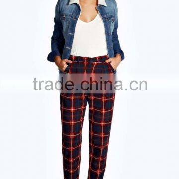 100% Pure Cotton Twin Hip and Back Pockets Baggy Tartan Trousers for Woman