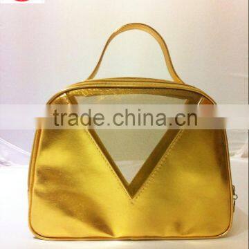 Hot sales designer fashion beautiful PU leather golden cosmetic bag customized