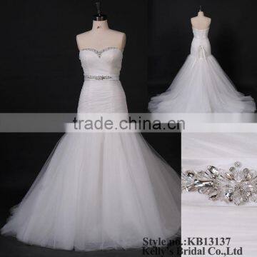 mermaid wedding dress 2013 crystal neckline tulle bridal with removeable sash