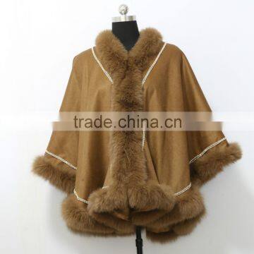 fashion cashmere cape with crystal fur trim for women