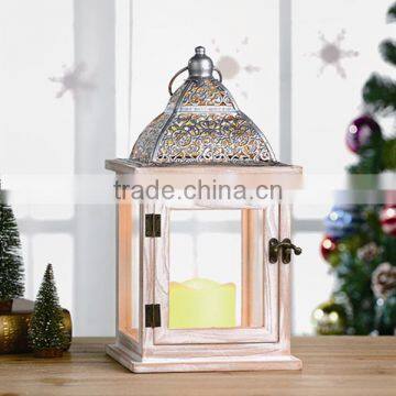 Exotic Style Weathered White Wooden Candle Lantern With Filigree Metal Roof