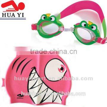 Cute cartoon swim caps and goggles set for kids wholesale