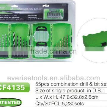 55pcs combination drill and screwdriver bit set in plastic case
