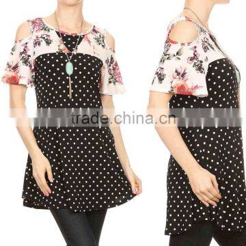 polka dot t-shirt 95% rayon / 5% spandex Ivory & Black Polka Dot & Floral Cold Shoulder Tunic