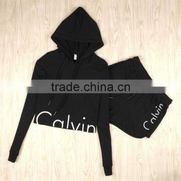 2016 New Women Fashion Sport Suit Tracksuit Summer Style Crop Top Black Gray Hoodies Sweatshirt + Short Pant Jogging Femme photo-4