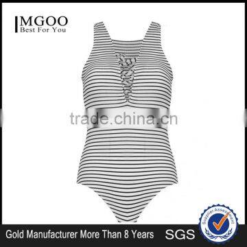 2016 New Fashion Lace Up Front Sleeveless Bodysuits Young Girl Black White Stripe Women Tops