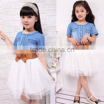 Baby Girl's Kids Children Fashion Princess Denim And Tulle Stitching Bow Dress Skirt With Belt 3-8Y SV001489 photo-2
