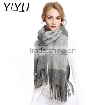 Women Elegant Soft Color Block Tassel Hem Wool Cashmere Wrap Shawl photo-5