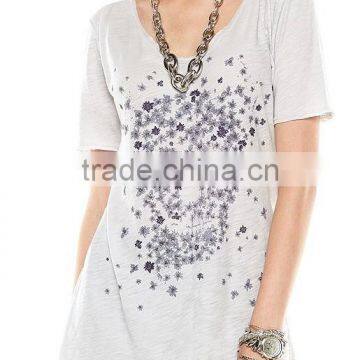 Rock Stylish Young Women Tunic Tops Light Grey Floral Skull Loose T Shirt Short Sleeves photo-2