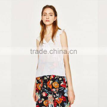2017 HOT Ruffled in the Front and V-neck Ladies Chiffon Tank Top photo-2