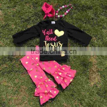 Yall need Jesus print long sleeves top girls full stock hot pink dot ruffle pants baby kids wear set with matching accessories