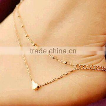 Gold Double Chain Ankle Bracelet Love Heart Beads Anklets Foot Chain