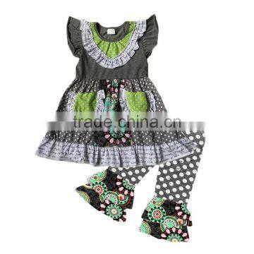 children clothing 2017 bulk wholesale kids clothing flutter sleeve top print ruffle pants polka-dot clothing for kids