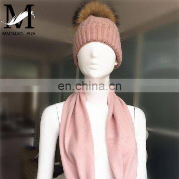 Wholesale Knitted Wool Cashmere Scarves Raccoon Fur Pom Hat Scarf Combination photo-2