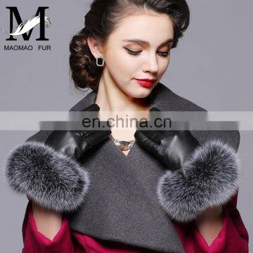 Genuine Sheepskin Leather Gloves Real Fox Fur Cuffs Gloves for Women Winter Leather Glove