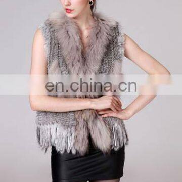 rabbit fur kintted vest with raccoon fur collar&fox hem triming /#00V28