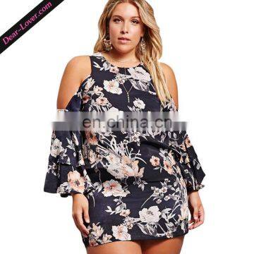 Stylish One Piece Floral Print Cold Shoulder Plus Size Women Dress