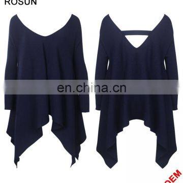 Blue V-neck T-shirt of Long Sweater for Women With Cute Concave Hem as Knit Sexy Girl Open Back Blouse