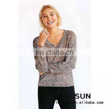 Plus Size Loose Crochet V Neck Pullover Women Sweater In Gray Color