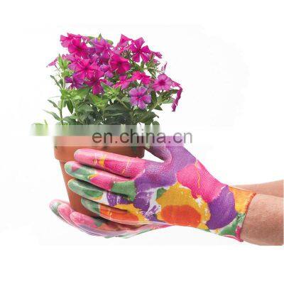 Women Lady Flower Printed Floral Nitrile Coated Garden Gloves